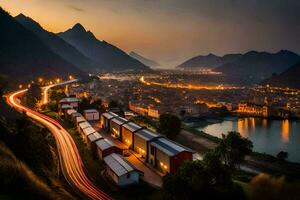 ein Stadt beim Nacht mit ein Fluss und Berge im das Hintergrund. KI-generiert foto