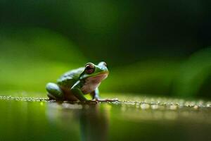 ein Frosch Sitzung auf das Boden mit Wasser Tröpfchen auf Es. KI-generiert foto