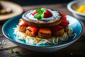 ein Teller mit ein Erdbeere und Käse Sandwich auf oben. KI-generiert foto