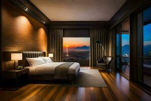 ein Schlafzimmer mit ein Aussicht von das Stadt beim Sonnenuntergang. KI-generiert foto