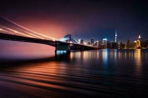 das Stadt Horizont beim Nacht mit ein Brücke Über Wasser. KI-generiert foto