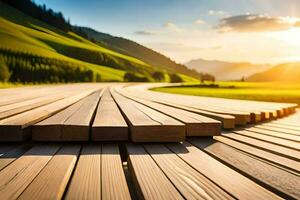 hölzern Bretter auf ein hölzern Deck im das Berge. KI-generiert foto