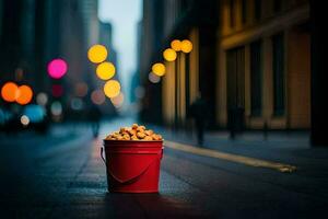 ein Eimer von Erdnüsse auf das Straße im ein Stadt. KI-generiert foto