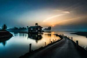 ein Haus auf das Wasser beim Sonnenaufgang. KI-generiert foto