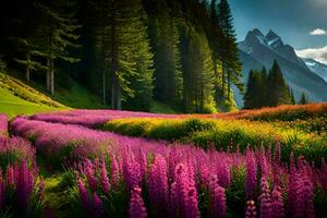 ein Feld von lila Blumen im Vorderseite von Berge. KI-generiert foto