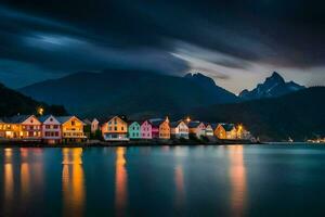 bunt Häuser auf das Wasser beim Nacht. KI-generiert foto