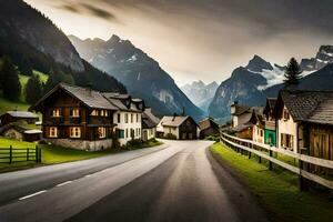 Foto Hintergrund das Himmel, Berge, Straße, Häuser, Berge, Straße, Häuser, Berge,. KI-generiert