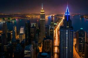 das Stadt Horizont beim Nacht mit Beleuchtung An. KI-generiert foto