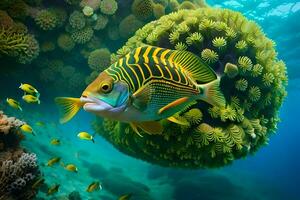 ein Fisch Schwimmen im das Ozean mit ein Koralle Riff. KI-generiert foto