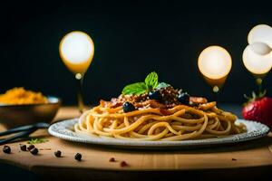 Spaghetti mit Speck und Blaubeeren auf ein Platte. KI-generiert foto