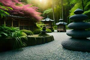 ein japanisch Garten mit Stein Felsen und Bäume. KI-generiert foto