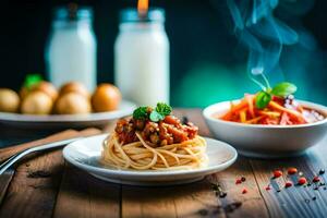 Spaghetti mit Fleischklößchen und Tomate Soße auf ein hölzern Tisch. KI-generiert foto