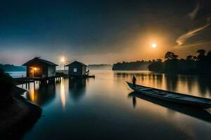 ein Boot ist angedockt auf das Wasser beim Sonnenuntergang. KI-generiert foto