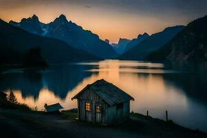 ein klein Kabine sitzt auf das Ufer von ein See beim Sonnenuntergang. KI-generiert foto