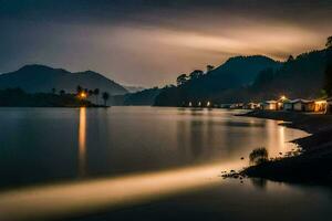 ein See beim Nacht mit ein wenige Häuser auf das Ufer. KI-generiert foto