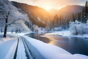 ein schneebedeckt Fluss läuft durch ein Wald beim Sonnenuntergang. KI-generiert foto