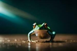 ein Frosch Sitzung auf ein hölzern Tabelle mit ein hell Licht hinter Es. KI-generiert foto