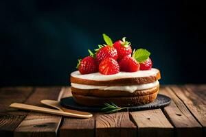 ein Kuchen mit Erdbeeren und Sahne auf ein hölzern Tisch. KI-generiert foto