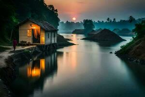 ein klein Haus sitzt auf das Kante von ein Fluss beim Sonnenuntergang. KI-generiert foto