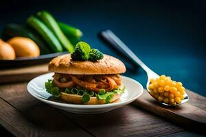 ein Hamburger mit Gemüse und ein Löffel. KI-generiert foto