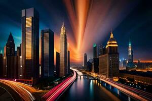 ein Stadt Horizont beim Nacht mit Beleuchtung und Verkehr. KI-generiert foto