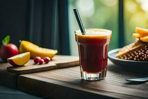 ein Glas von Saft sitzt auf ein Tabelle Nächster zu ein Teller von Frucht. KI-generiert foto