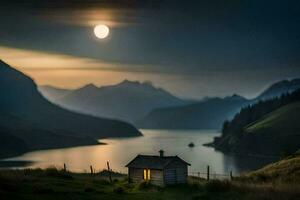 ein klein Kabine sitzt auf das Kante von ein See mit ein voll Mond im das Himmel. KI-generiert foto