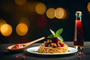 Spaghetti mit Fleisch und Tomate Soße auf ein Platte. KI-generiert foto