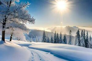 Schnee bedeckt Bäume und das Sonne leuchtenden Über ihnen. KI-generiert foto