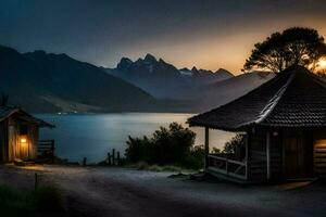 das Hütte beim Sonnenuntergang. KI-generiert foto