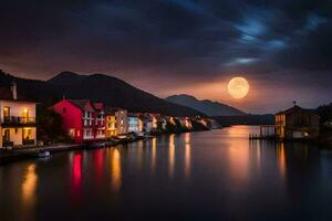 Foto Hintergrund das Himmel, Mond, Wasser, Häuser, See, das Mond, das Himmel,. KI-generiert