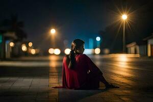ein Frau Sitzung auf das Straße beim Nacht. KI-generiert foto