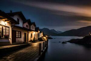 ein Haus auf das Wasser beim Nacht mit ein Berg im das Hintergrund. KI-generiert foto