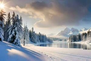 Schnee bedeckt Bäume und Berge im das Winter. KI-generiert foto