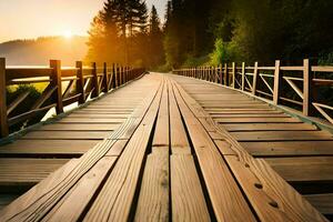 ein hölzern Brücke Über ein See beim Sonnenuntergang. KI-generiert foto