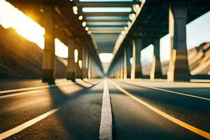 ein lange Brücke mit ein Sonne leuchtenden durch Es. KI-generiert foto