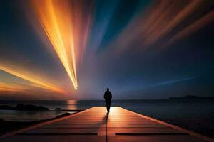 ein Mann Stehen auf ein Seebrücke suchen beim das Himmel. KI-generiert foto