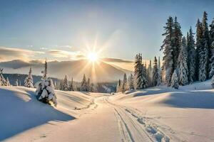 Schnee bedeckt Bäume und ein Sonne Rahmen Über ein schneebedeckt Landschaft. KI-generiert foto