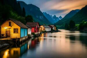 Foto Hintergrund das Himmel, Berge, Wasser, Haus, Berge, Norwegen, das Himmel,. KI-generiert