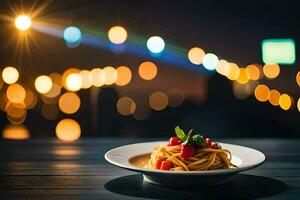 Pasta mit Tomate und Basilikum auf ein Platte. KI-generiert foto