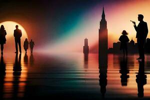 Silhouetten von Menschen Gehen im das Wasser beim Sonnenuntergang. KI-generiert foto