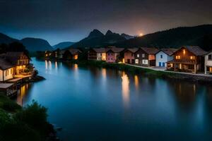 Foto Hintergrund das Himmel, Berge, Fluss, Häuser, Mond, Nacht, das Mond, Die. KI-generiert