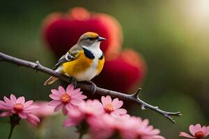 ein Vogel sitzt auf ein Ast mit Blumen im das Hintergrund. KI-generiert foto