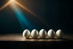 fünf Eier auf ein Tabelle mit ein Scheinwerfer. KI-generiert foto