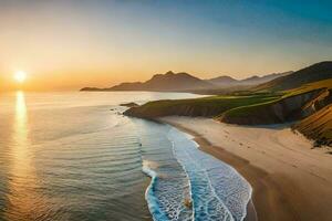 das Sonne setzt Über ein Strand und Berge. KI-generiert foto