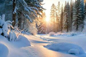 Winter Landschaft mit Schnee bedeckt Bäume und Sonne. KI-generiert foto