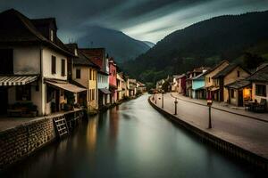 Foto Hintergrund das Himmel, Wolken, Regen, Berge, Fluss, Häuser, das dunkel, Die. KI-generiert