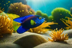 ein Blau Fisch Schwimmen im das Ozean mit ein Orange Anemone. KI-generiert foto