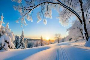 Schnee bedeckt Bäume und das Sonne Rahmen im das Hintergrund. KI-generiert foto