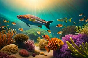 ein unter Wasser Szene mit Fisch und Koralle Riffe. KI-generiert foto